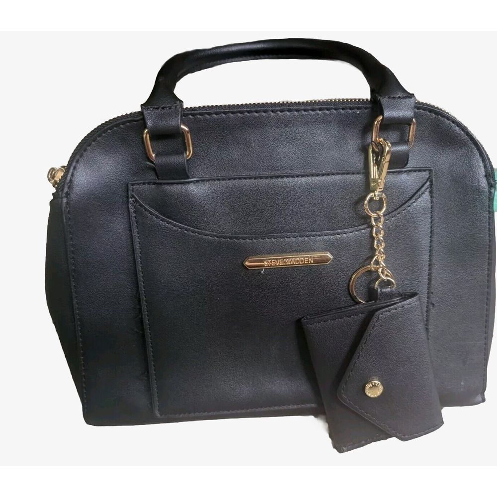 Steve Madden Handbag Purse  Black Gold Tone With Sashel Double Zip With Snap Mid